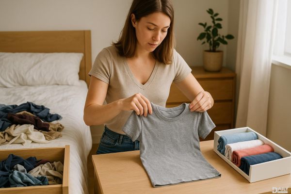 Struggling with messy drawers? Master the art of folding shirts in seconds with this simple trick!